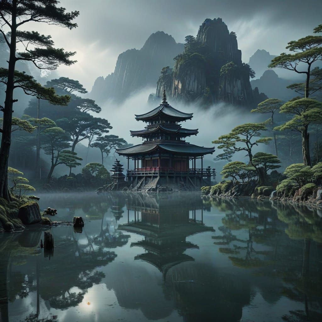 Sōsaku-hanga Temple in Mist, Misty Lake Reflections