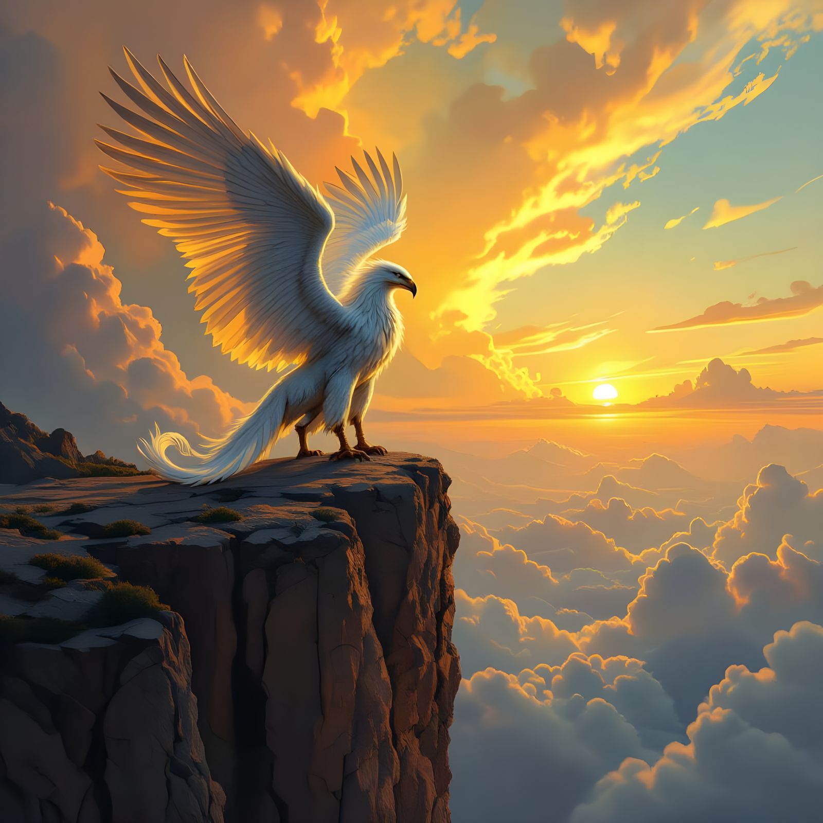 Majestic Griffin on Cliff Overlooking Surreal Sky