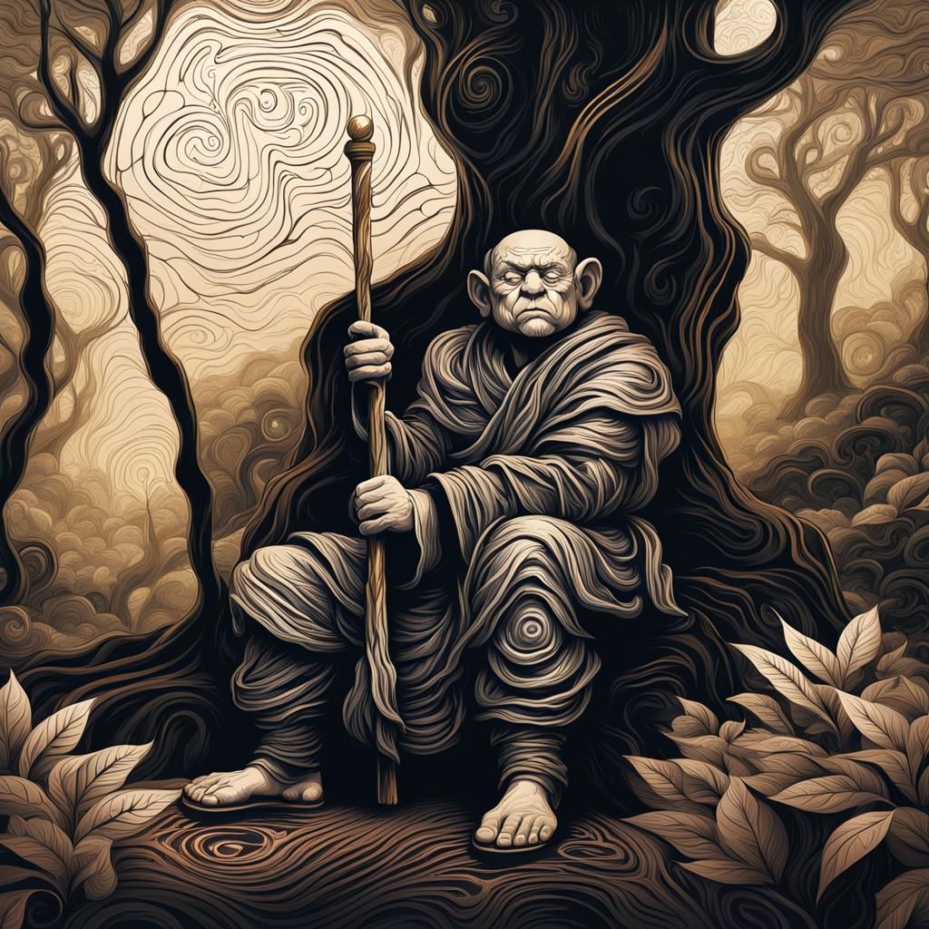 Halfling Monk Meditating in Dark Fantasy Forest