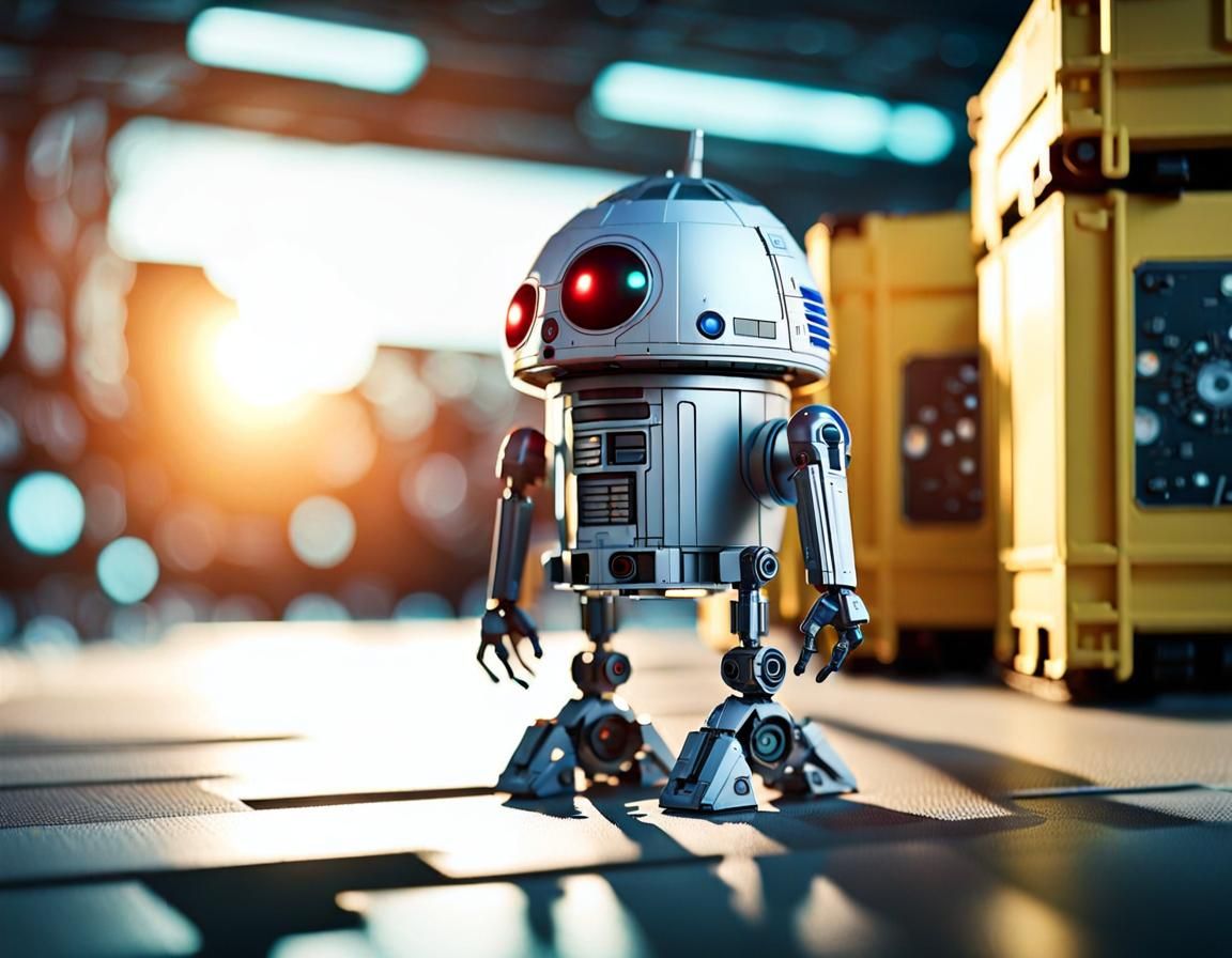 Adorable Toy Droid Emerges in Futuristic Hangar