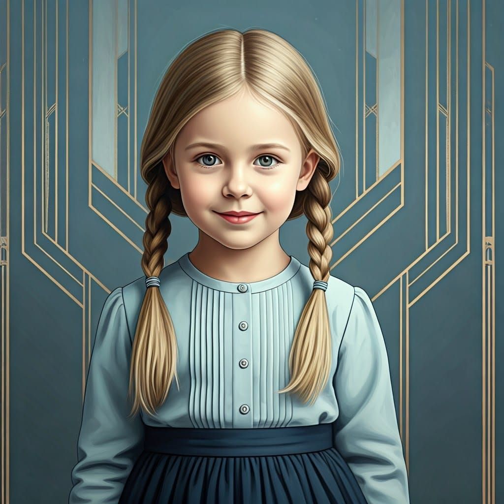 Gentle Girl with Braids in Art Deco Style