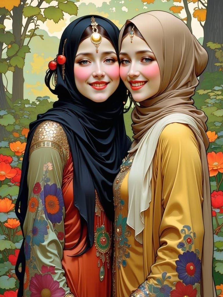 Women of Autumn in Art Nouveau Comic Style