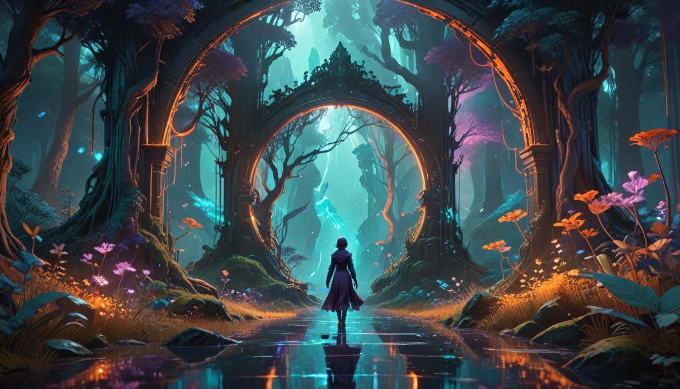 Ethereal Portal in Ancient Forest, Cyberpunk Art Nouveau Sty...