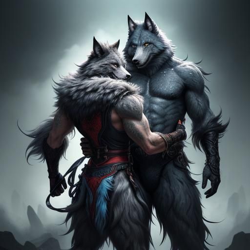 Anthropomorphic Wolves Embrace: Anime-Inspired Digital Art