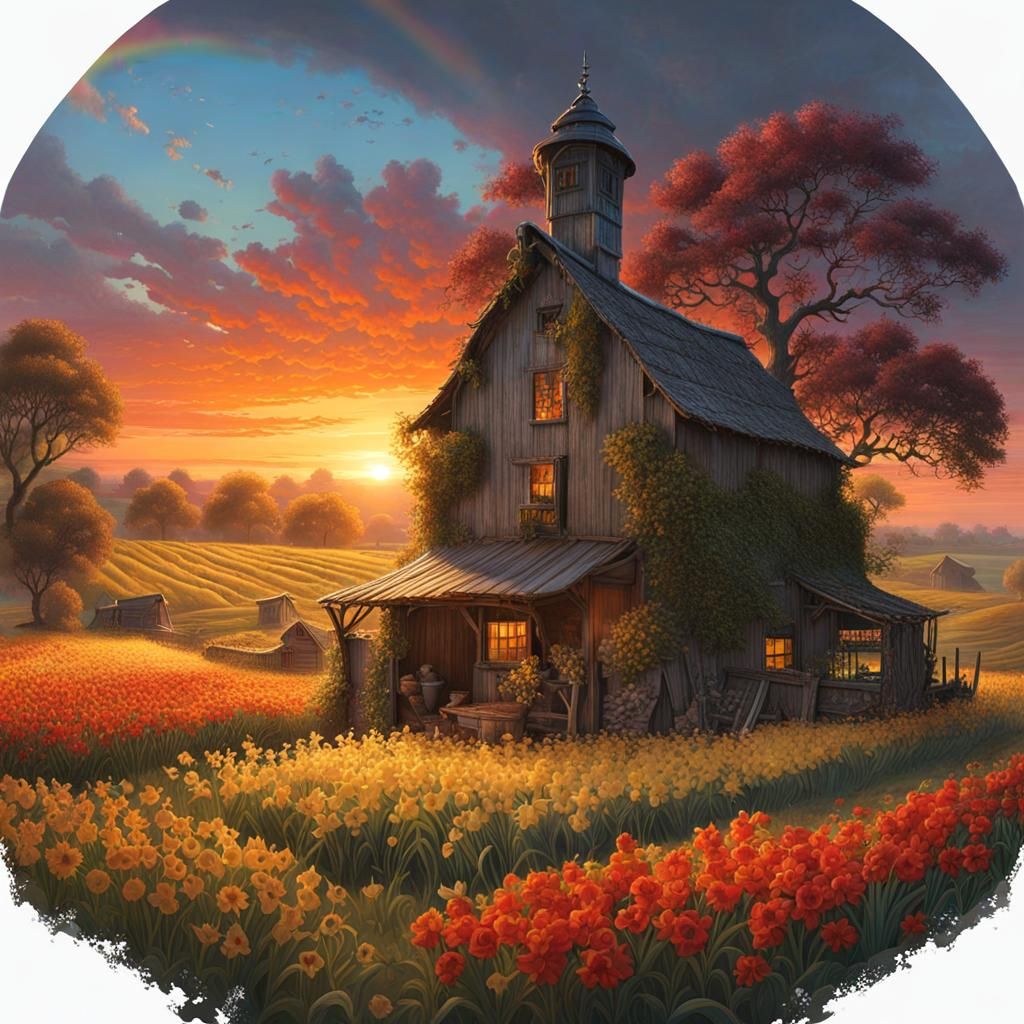 Vibrant Sunset Over English Farmyard with Animals