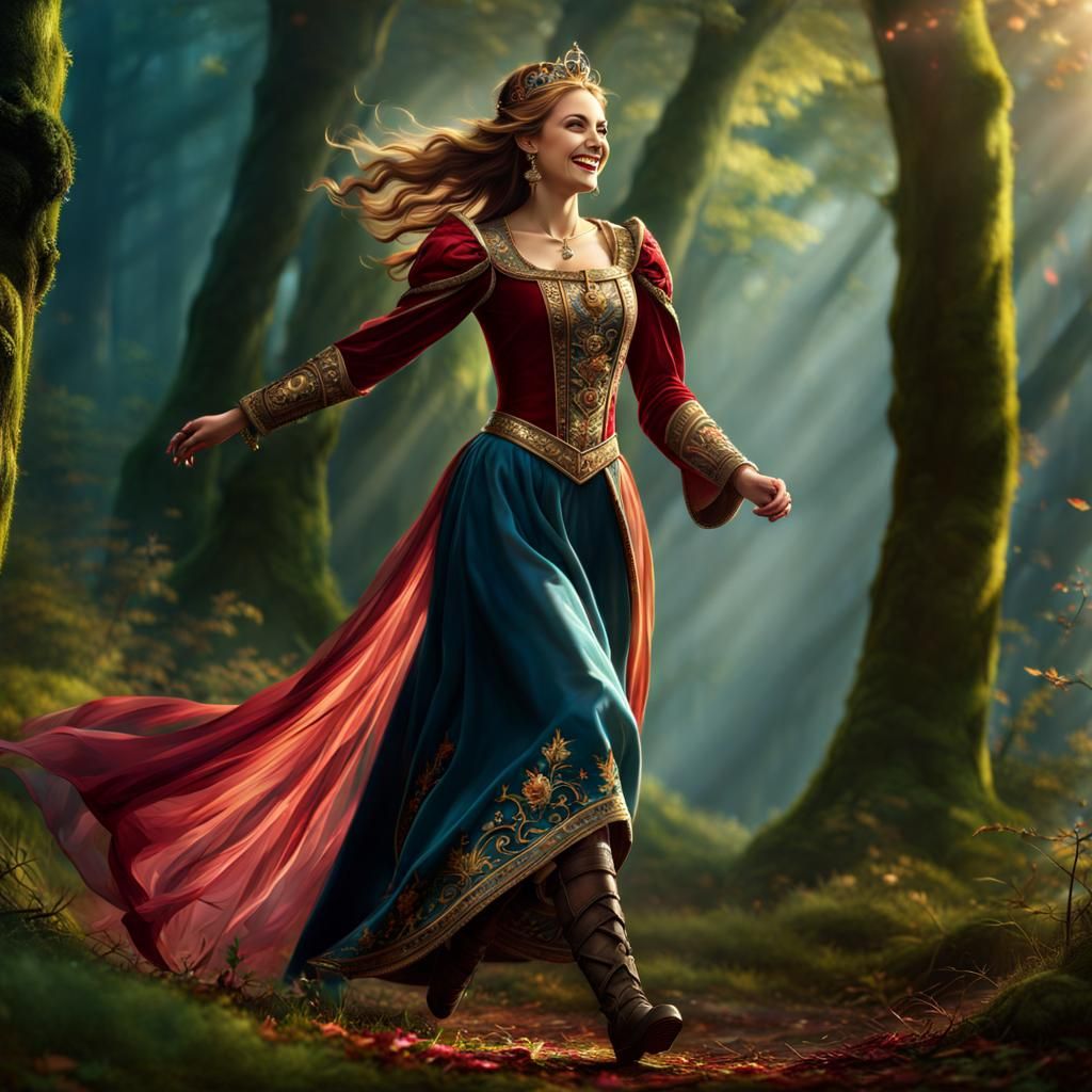 happy medieval princess running fast, short skirt, short skirt, seen from the side, profile, lavish, embroidery, jewels,...