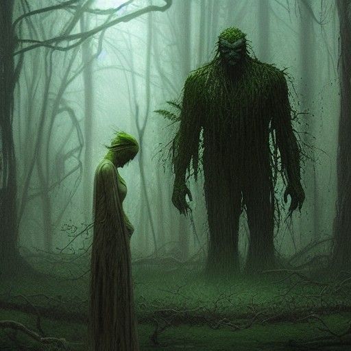 Realistic Swamp Thing in a Sinister Horror Landscape