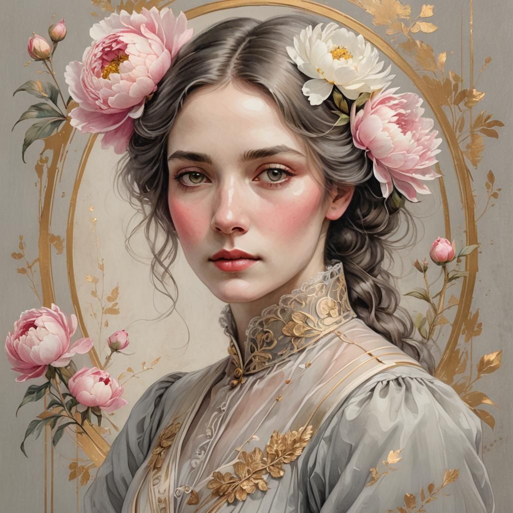 Ethereal Victorian Woman Portrait with Peonies