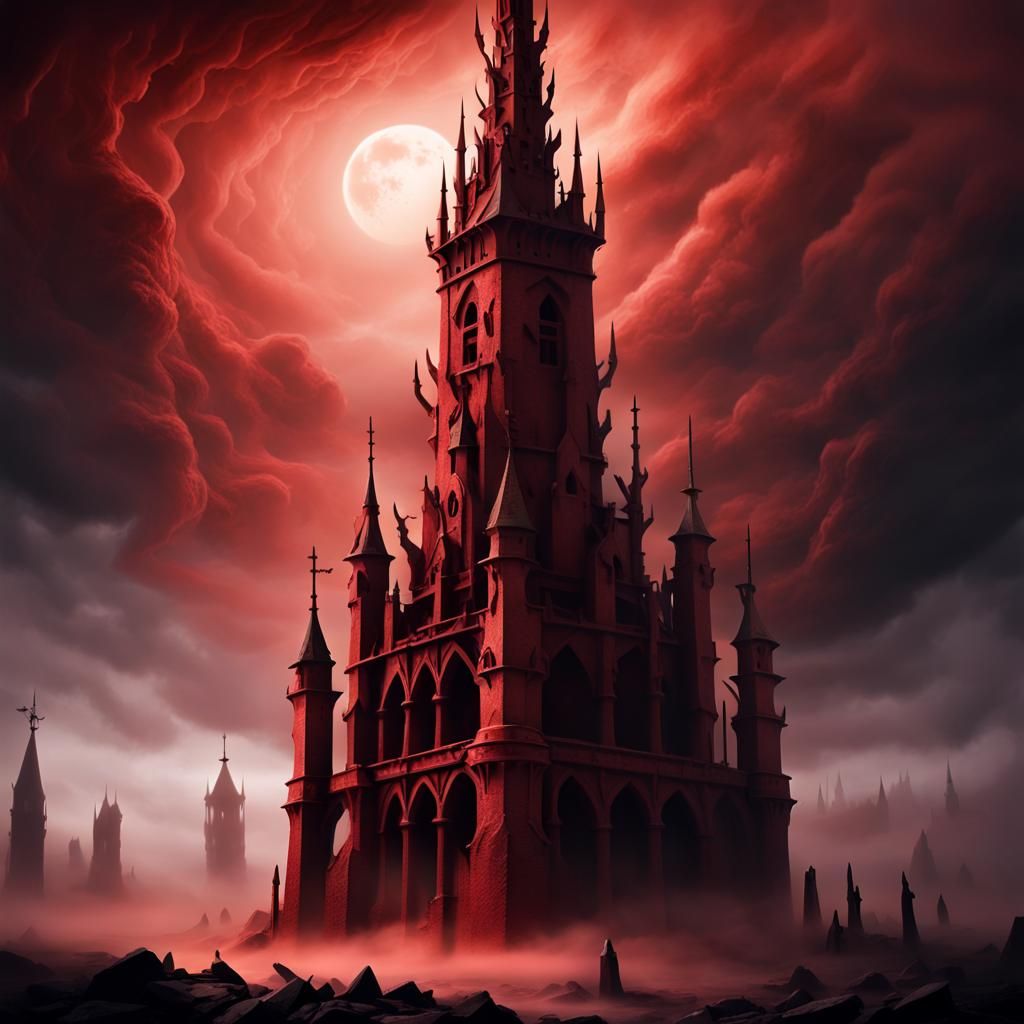 Ominous Red Tower in Dark Fantasy Landscape