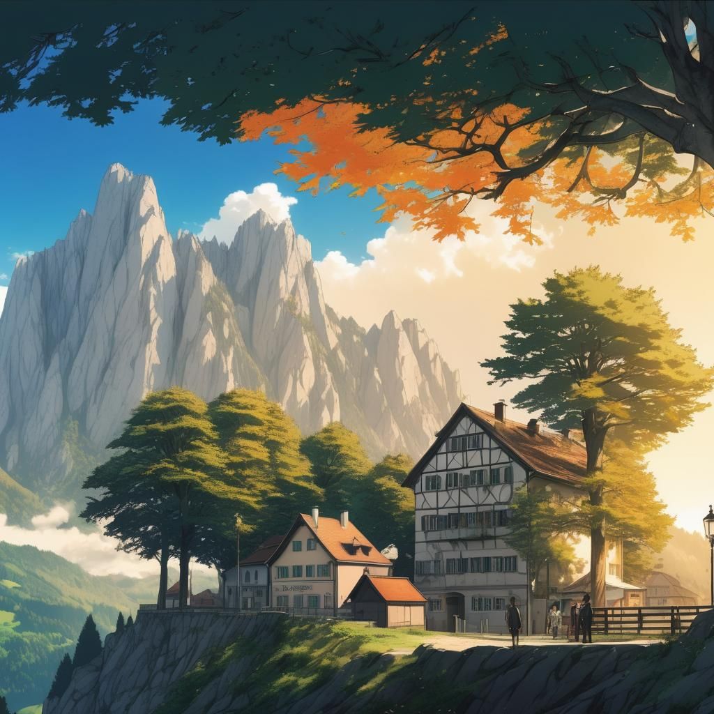 Anime Town in Alpine Mountains, Fantasy Key Visual