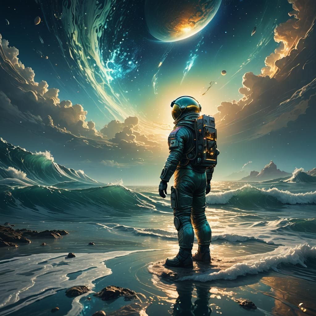 Astronaut on Distant Aquatic Planet, Fantasy Art