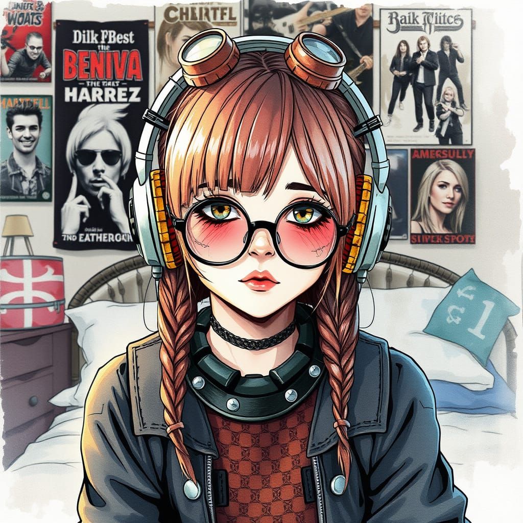 Steampunk Girl in Kidcore Bedroom Watercolor Painting