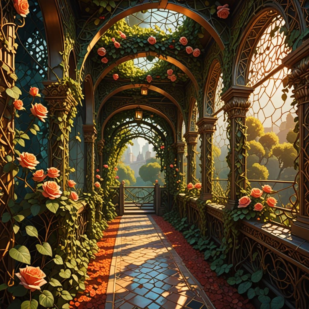 Thornwoven Garden-Bridge in Vibrant Digital Art Style
