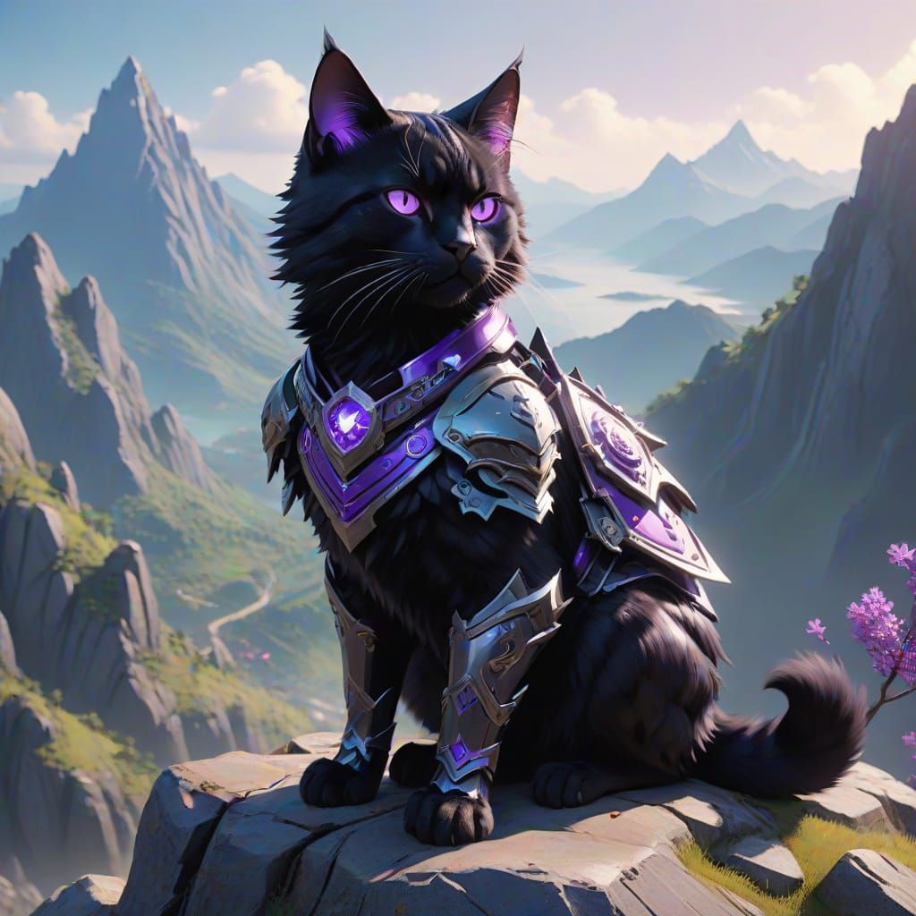 Armored Black Cat Warrior on Mountain Peak, Anime Art