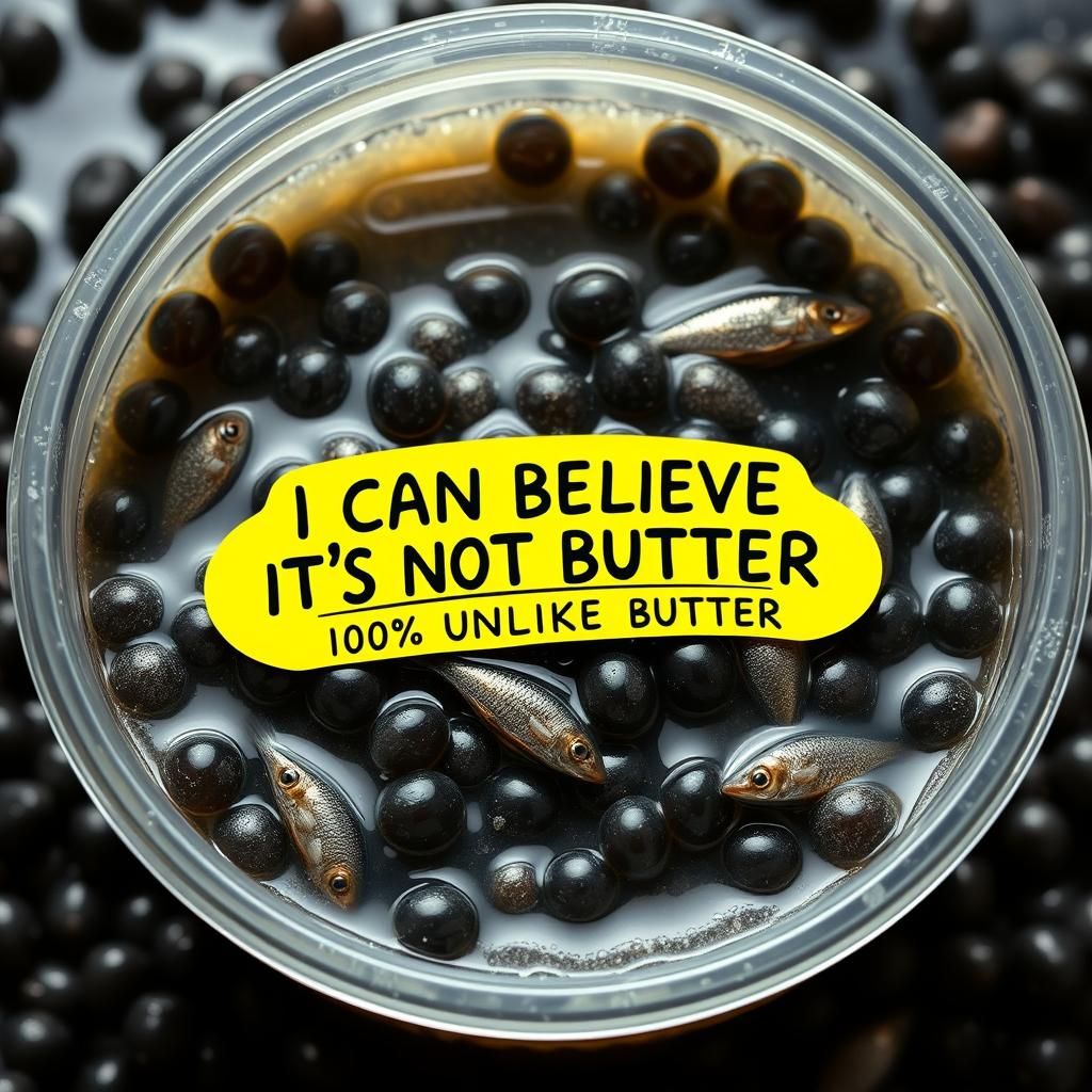 Caviar Tub Parody Labelled 'Not Butter' in Retro Style