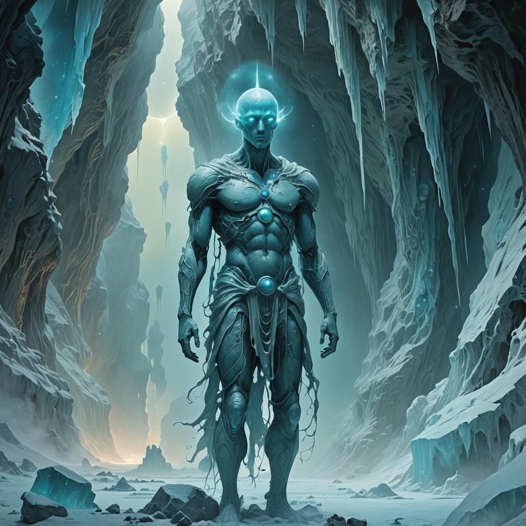 Uranus Personified: Mystical Humanoid in Icy Cavern