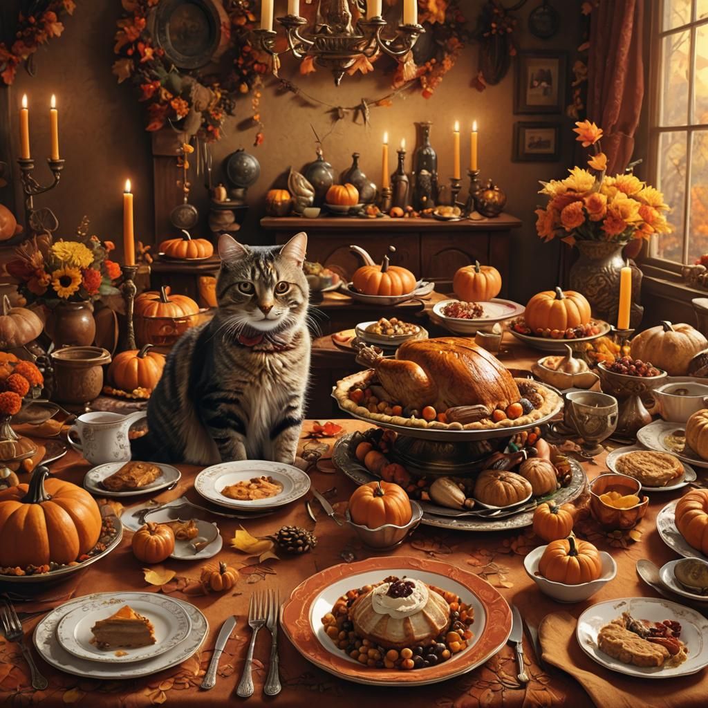 Thanksgiving Feast: A Cat's Renaissance Still Life