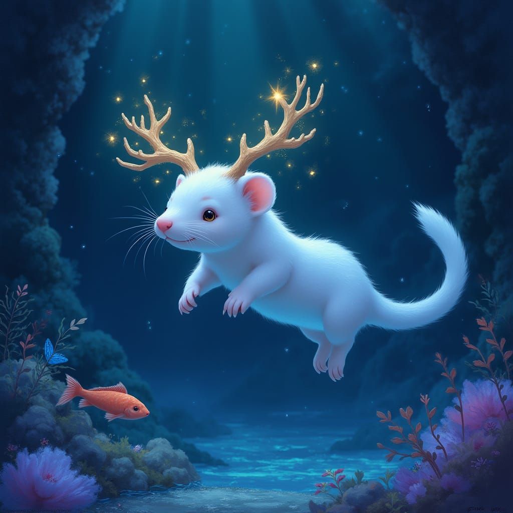 Luminous Ferret in Bioluminescent Grotto, Painterly Style