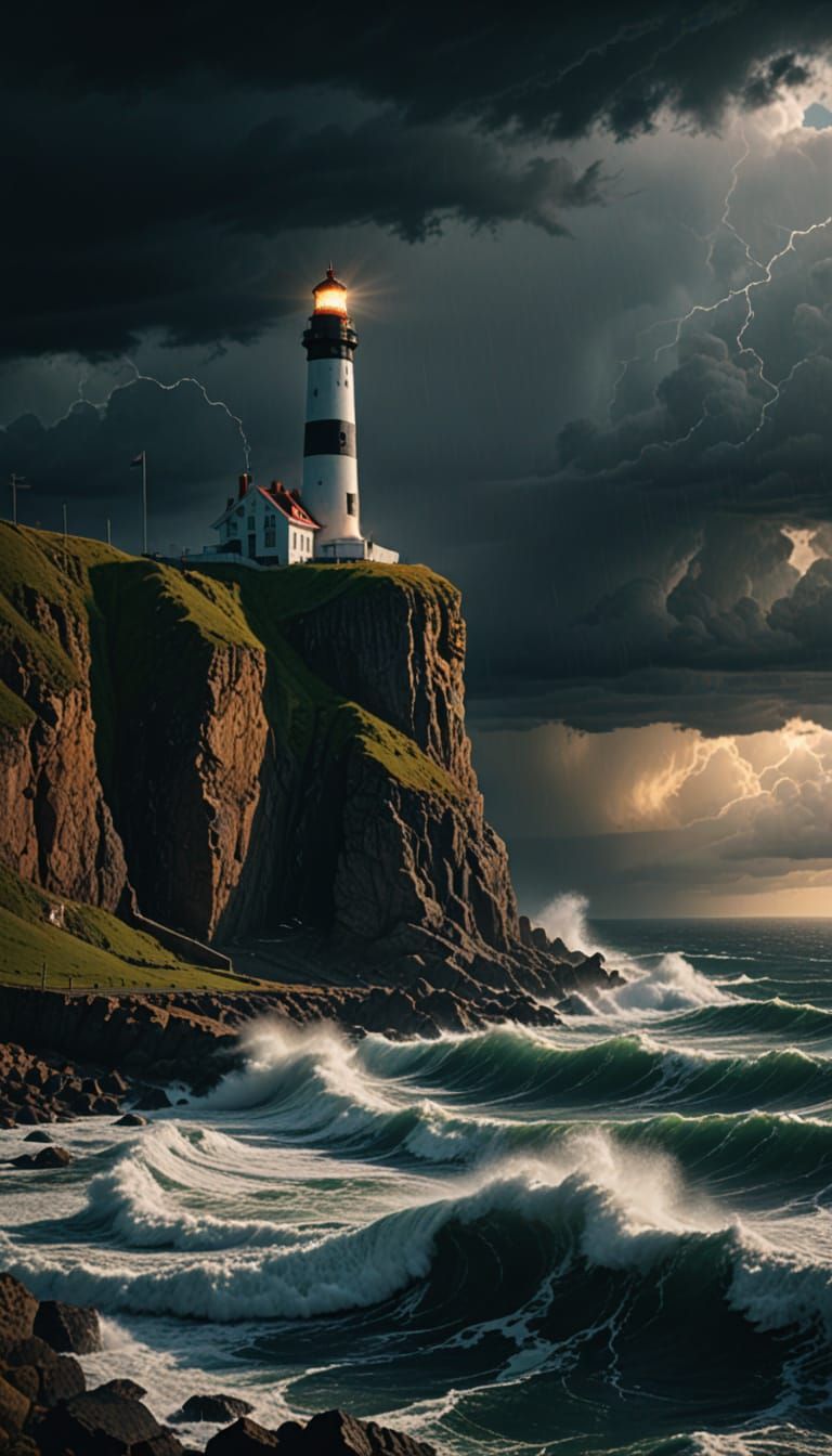 Dramatic Lighthouse Over Stormy Ocean in Triadic Colors
