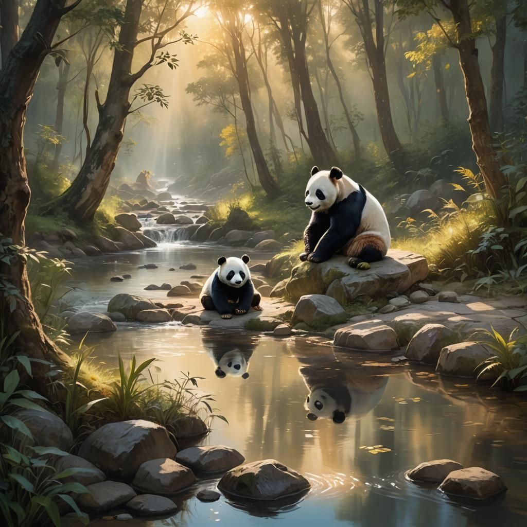 Panda in Forest Stream: Realistic Wildlife Illustration
