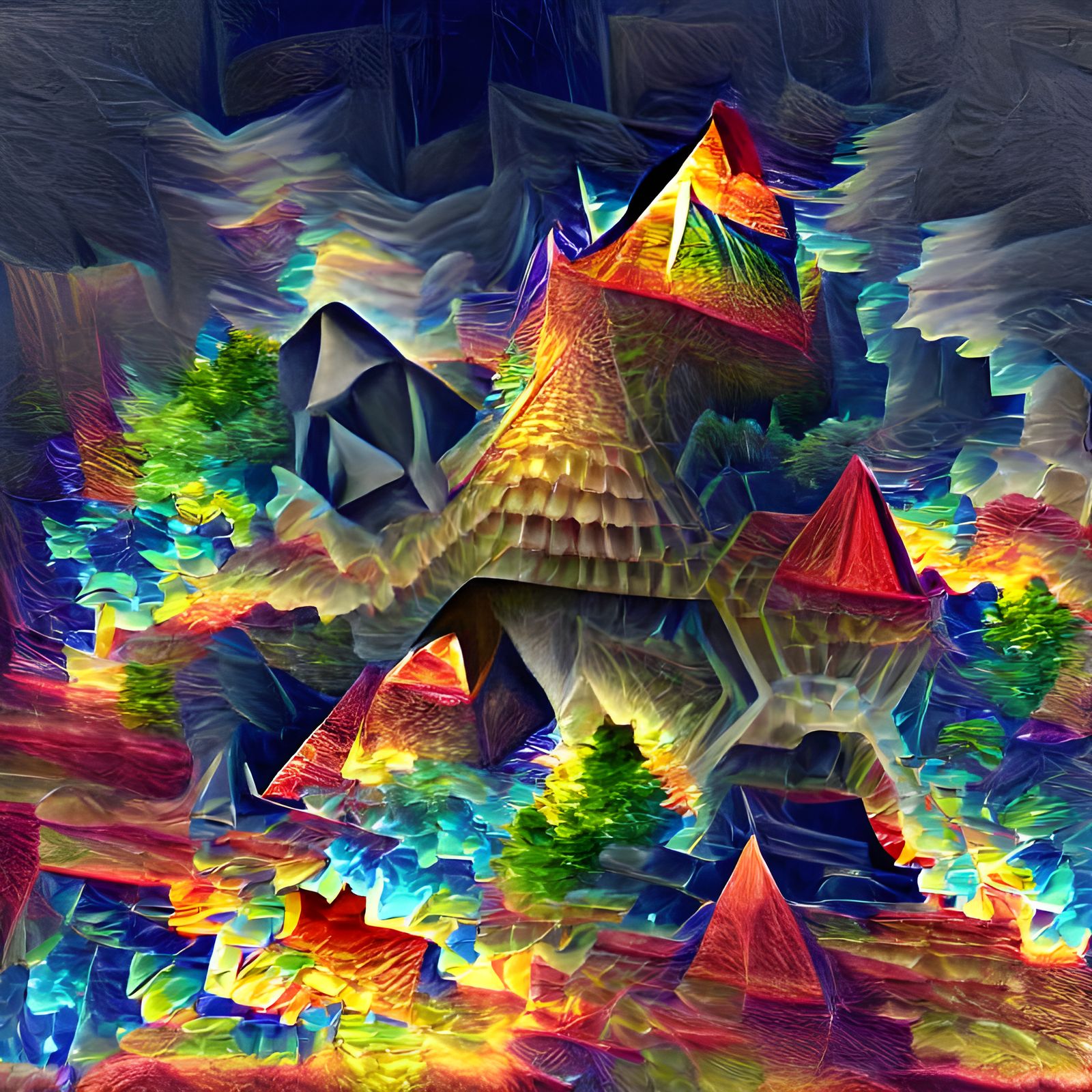 Colorful Fractal Pyramid in Jungle: 3D Render