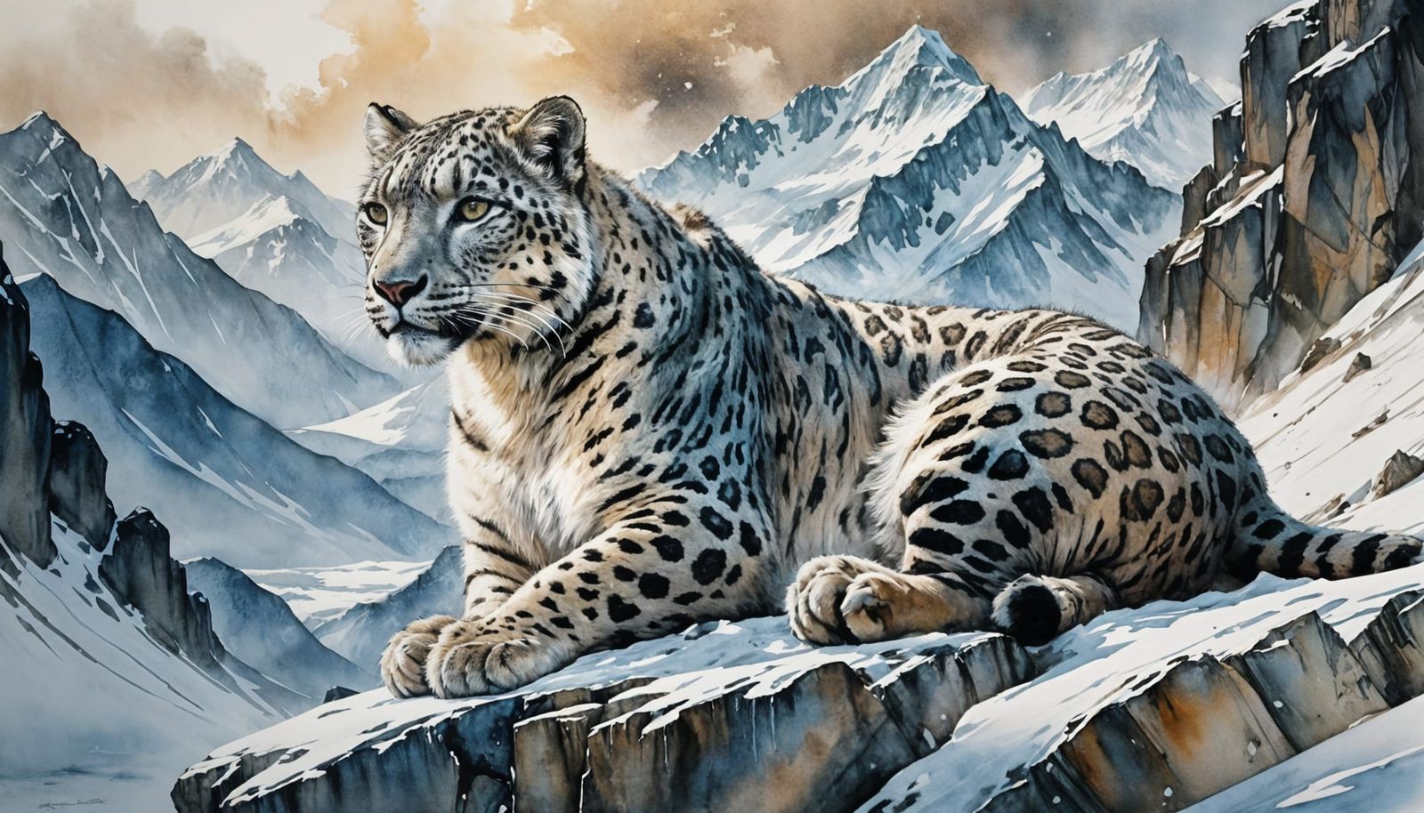 Snow Leopard Resting on Rocky Ledge in Watercolour Style