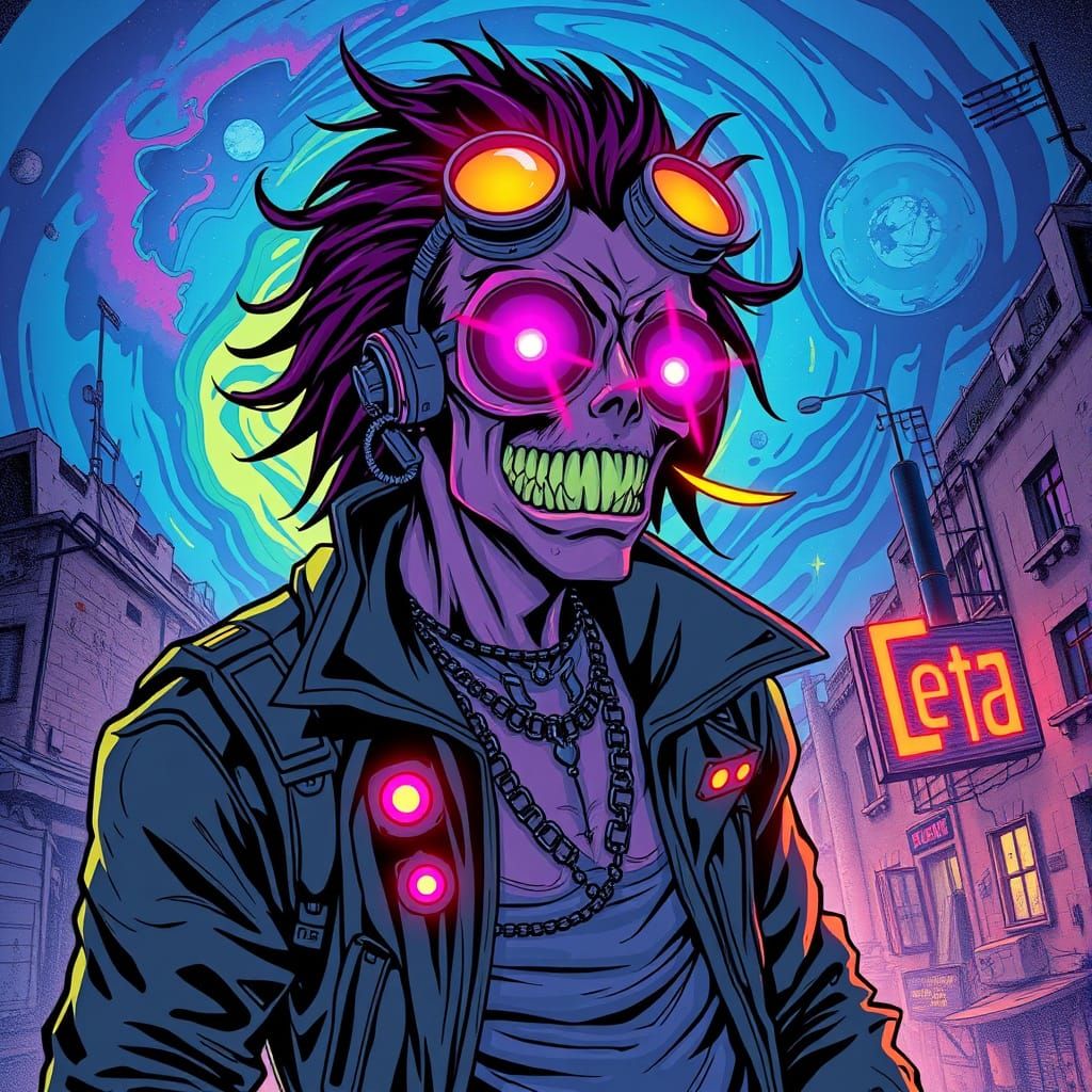 Cosmic Street Punk Morte Lenta in Neon Cyberpunk Style