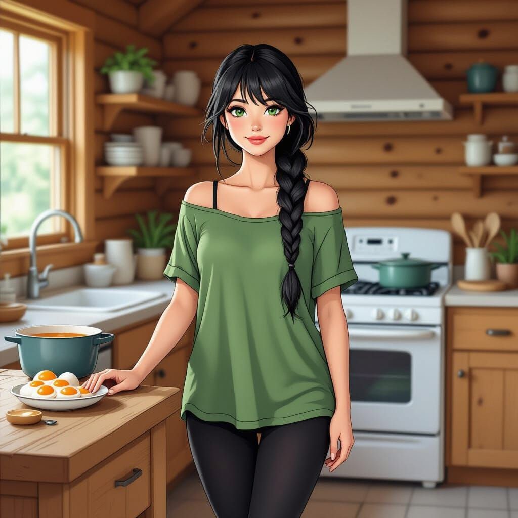 Cartoon Woman Cooking Breakfast in Log Cabin