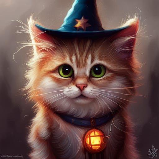 Fluffy Wizard Cat: Detailed Fantasy Art