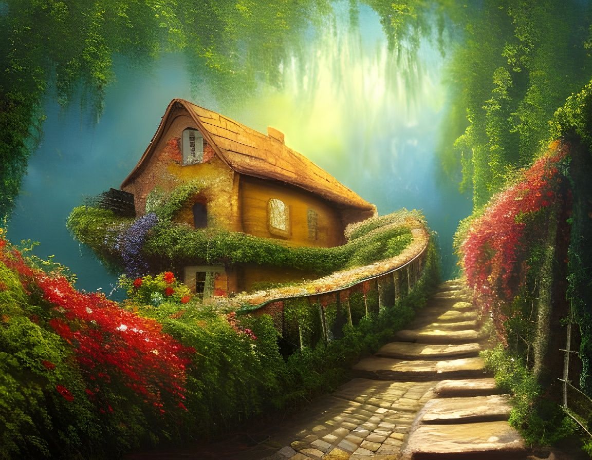 Fairytale Cabin on Vine Bridge as Impasto Painting