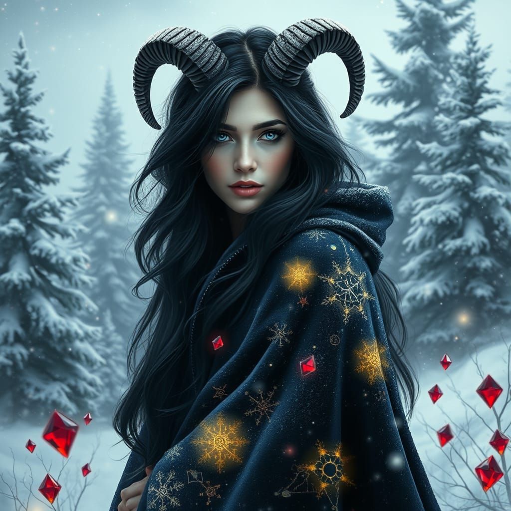 Mystical Woman in Winter Wonderland with Capricorn Constella...