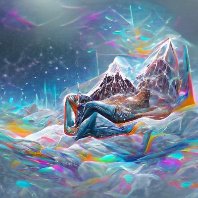 Holographic Cosmic Mountain Illustration in Mixed Media
