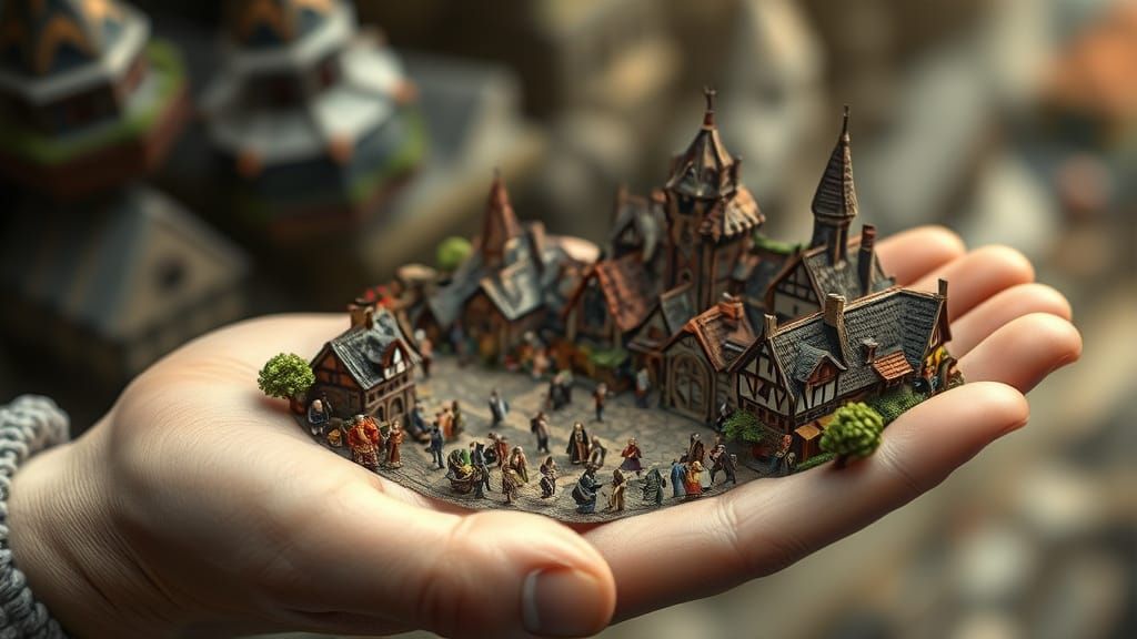 Miniature Medieval Village in Human Hand
