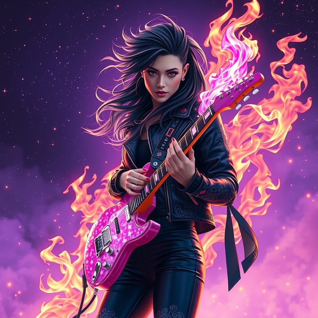 Mystical Cosmic Rockstar in Swirling Purple Embroidery