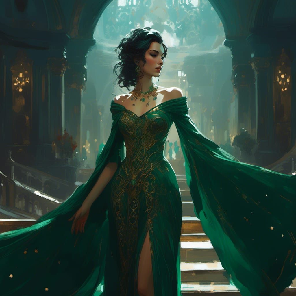 Female Comic Character in Green Gown, Precisionist Art