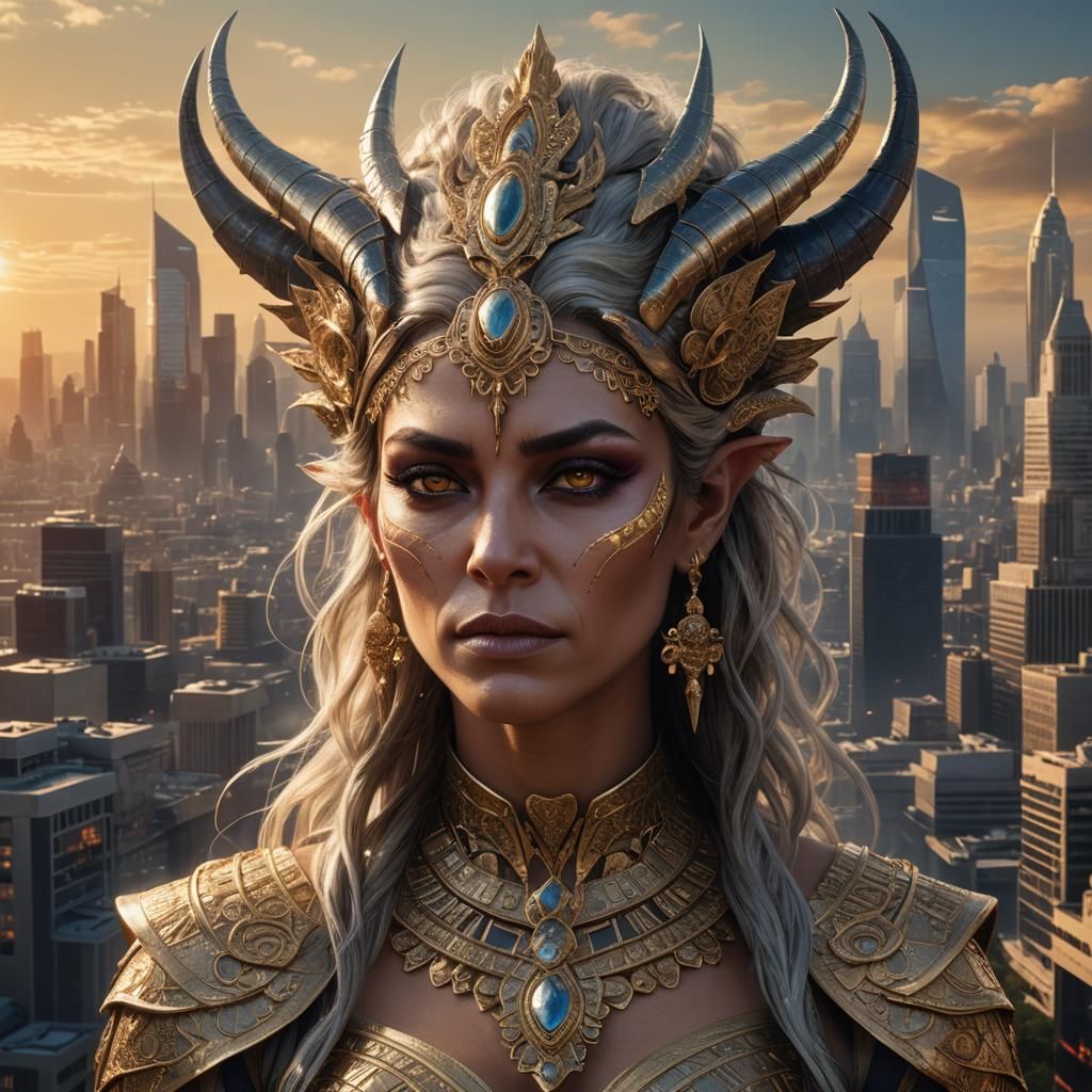 Ageless Babylonian Goddess in Futuristic City
