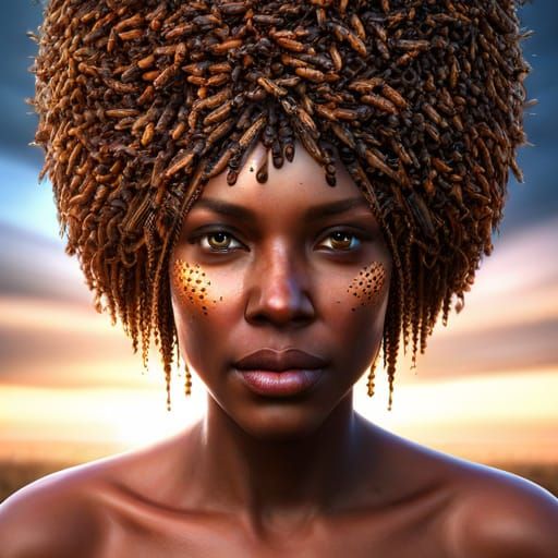 African Girl with Bee Crown in Dramatic Sky