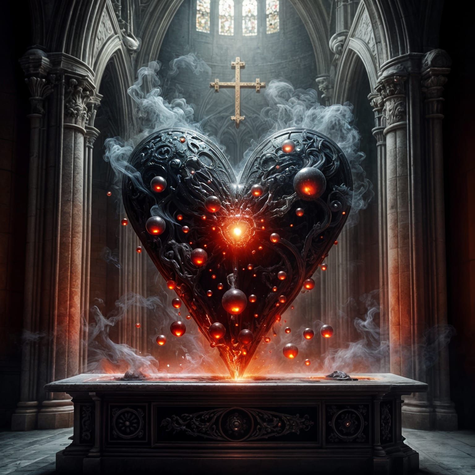Dark Fantasy Heart in Ruined Cathedral