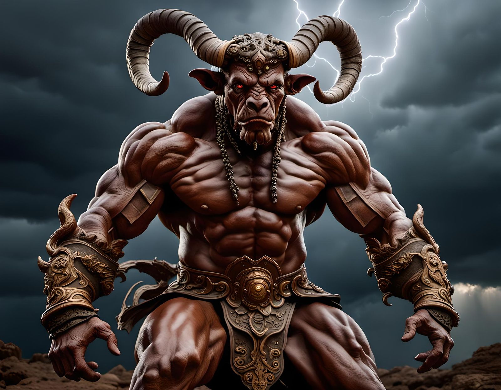 Fierce Minotaur Rogue in Rococo-Brown: Hyperdetailed Portrai...