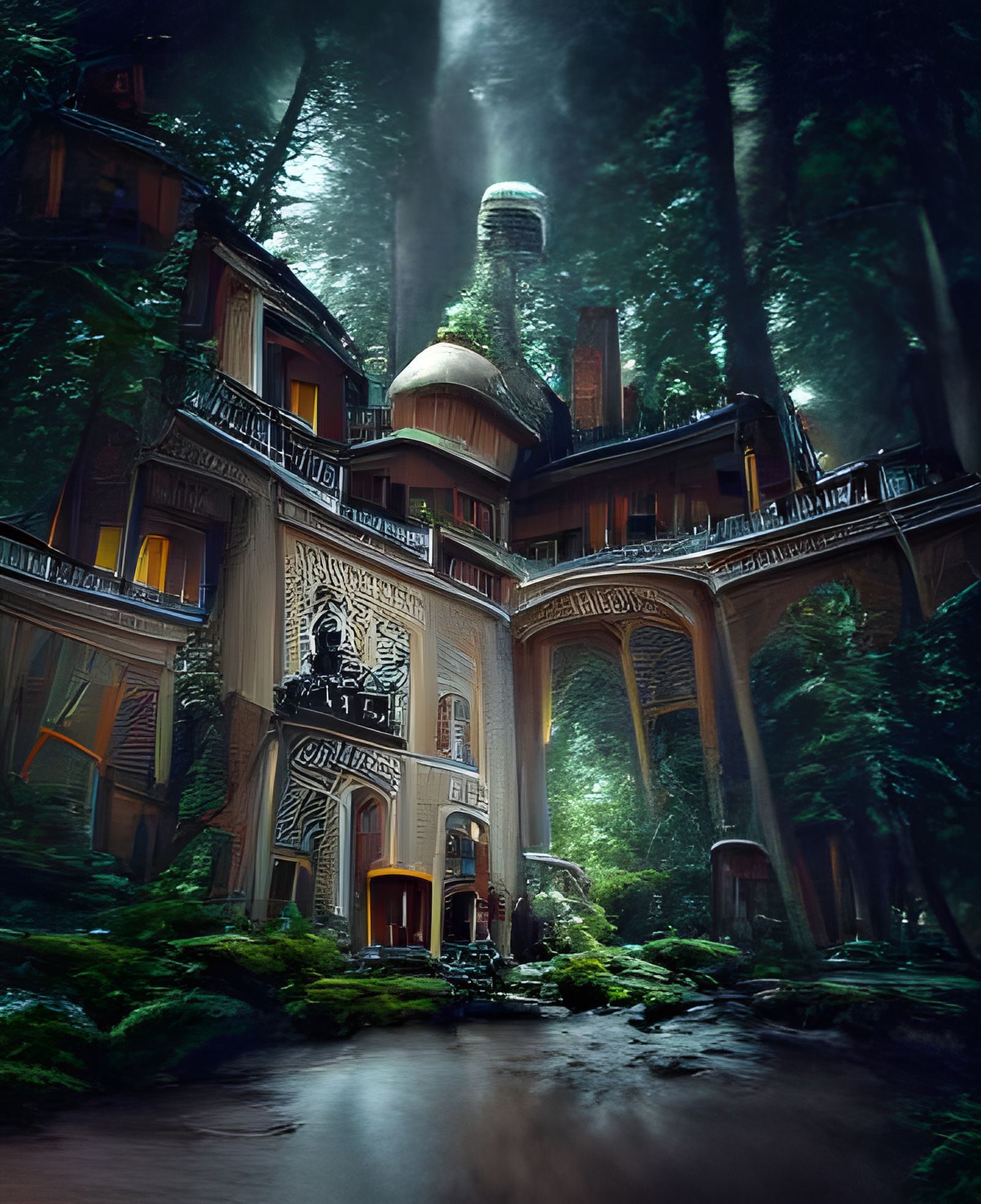 Astral Palace in Forest, Holographic Illustration