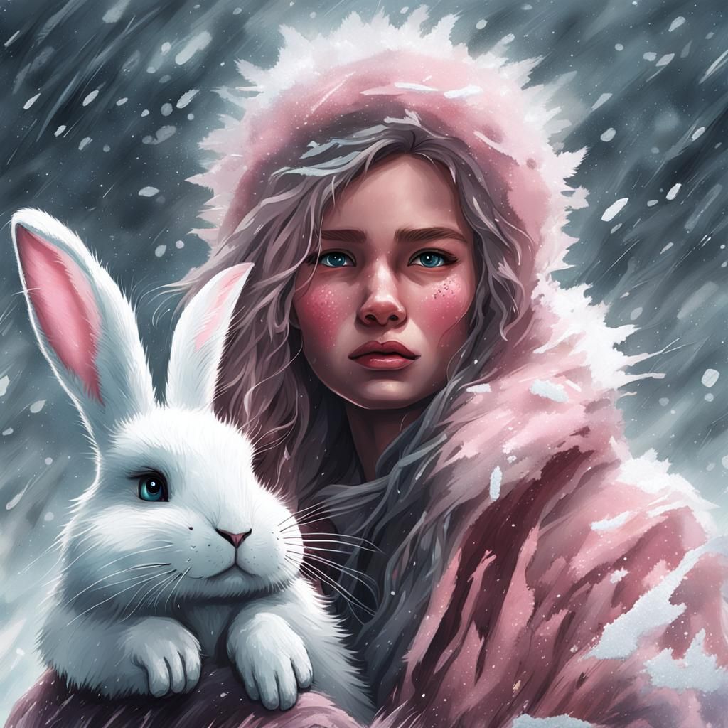 Icy Winter Portrait with Rabbit, Digital Matte Painting