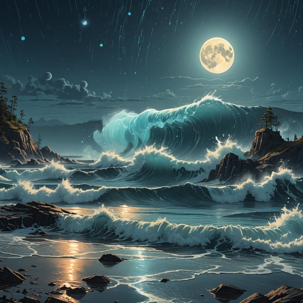 Magical Bioluminescent Ocean Waves on the Moon