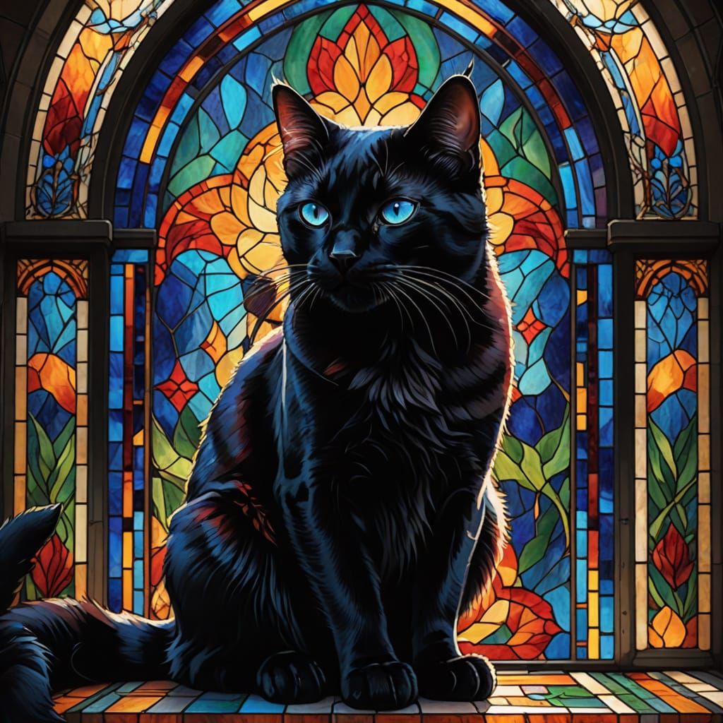 Black Cat in Stained Glass Window: Hyperrealistic Art
