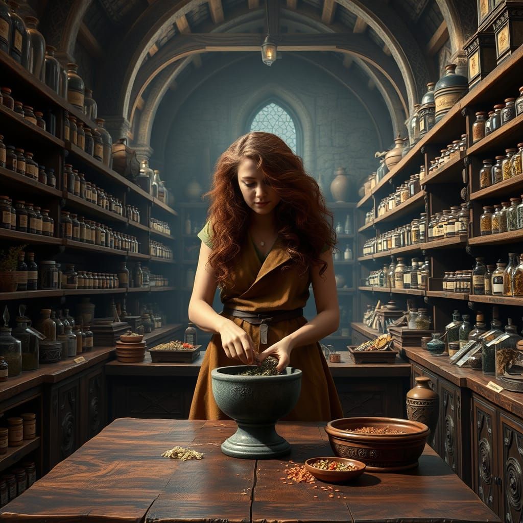 Auburn Haired Apothecary in Medieval Pharmacy