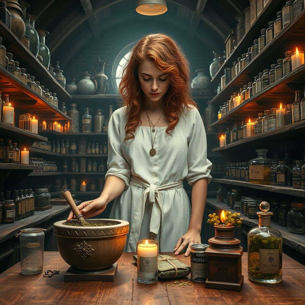 Auburn-Haired Apothecary Alchemist at Work in Mystical Medie...