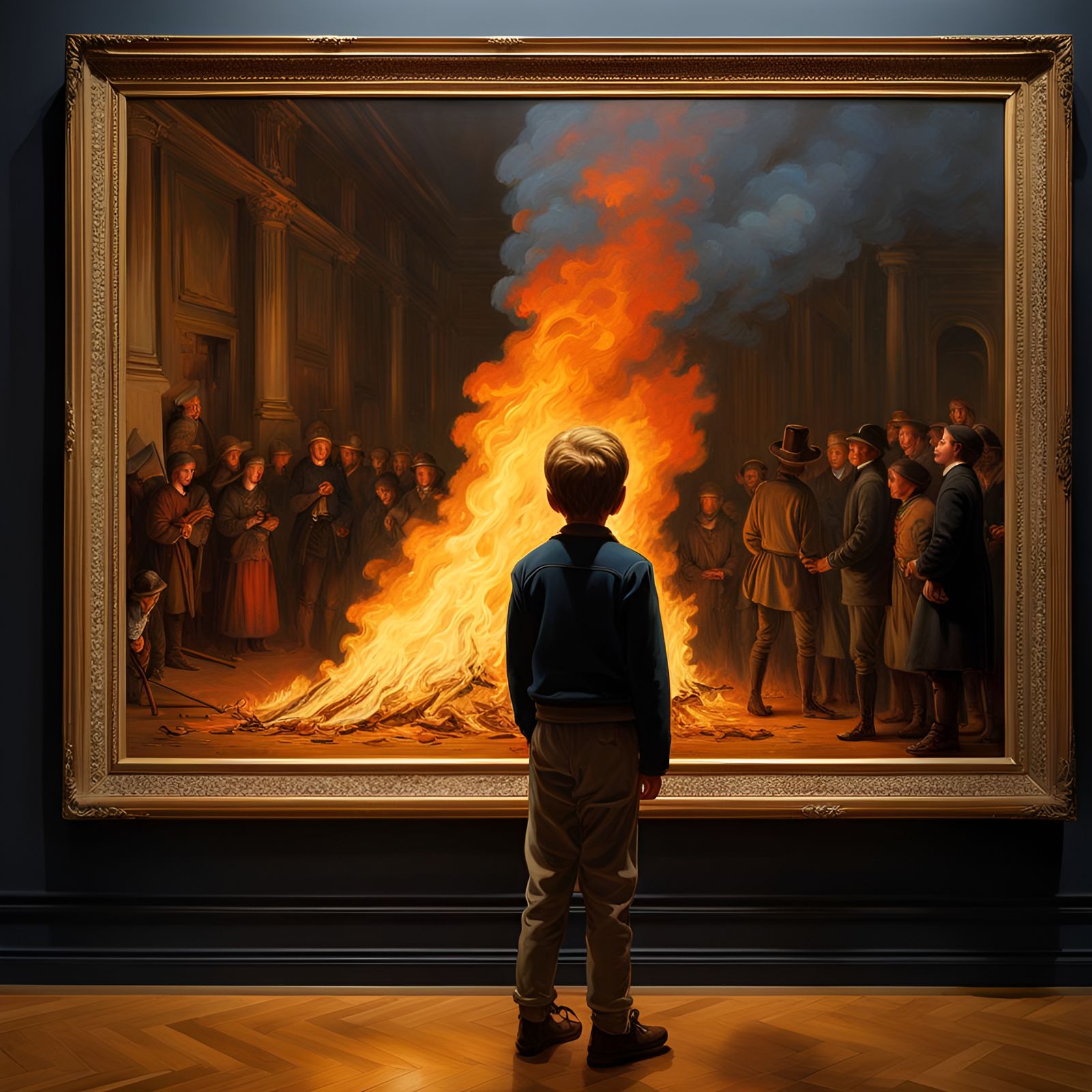 Burning Museum Painting: Dramatic Digital Art