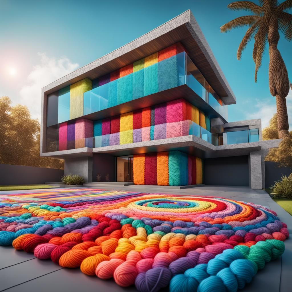 modern mansion made out of yarn, crochet,  Hyperrealistic, splash art, concept art, mid shot, intricately detailed, colo...