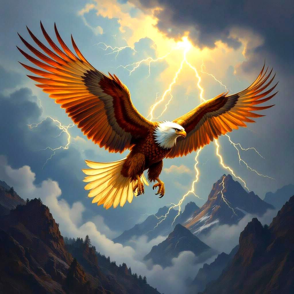 Majestic Griffin Soaring Through Stormy Sky as Oil Painting