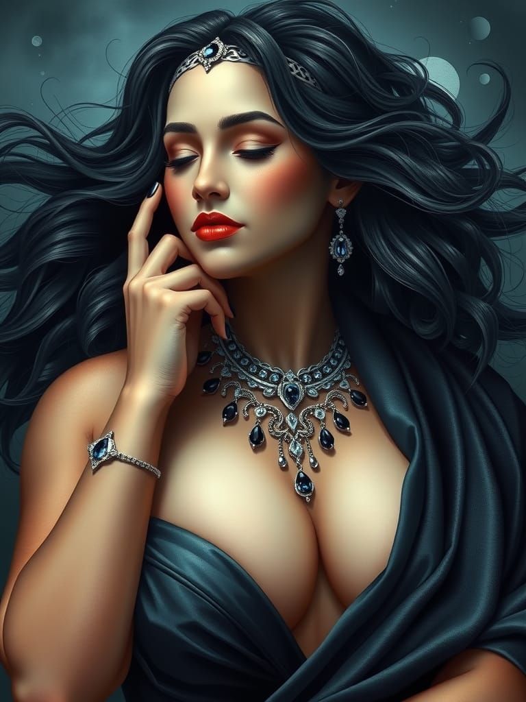 Majestic Goddess in Cubist Style with Silver Accents