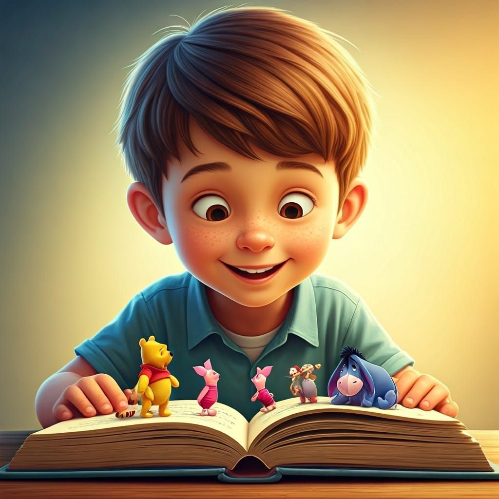 Whimsical Boy Immersed in Enchanted Children's Book Scene